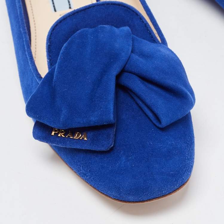 Pre Owned Prada Blue Suede Bow Ballet Flats Size 37.5