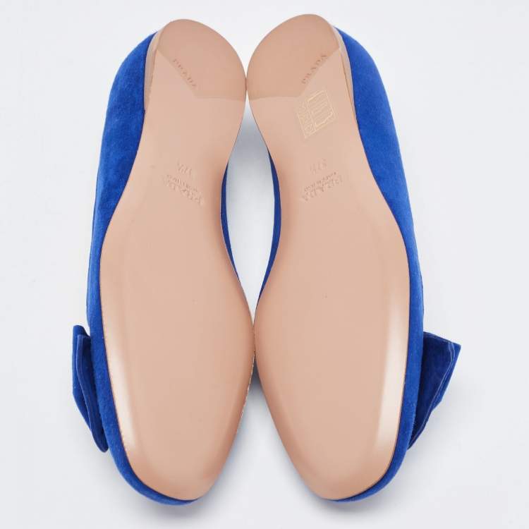 Pre Owned Prada Blue Suede Bow Ballet Flats Size 37.5