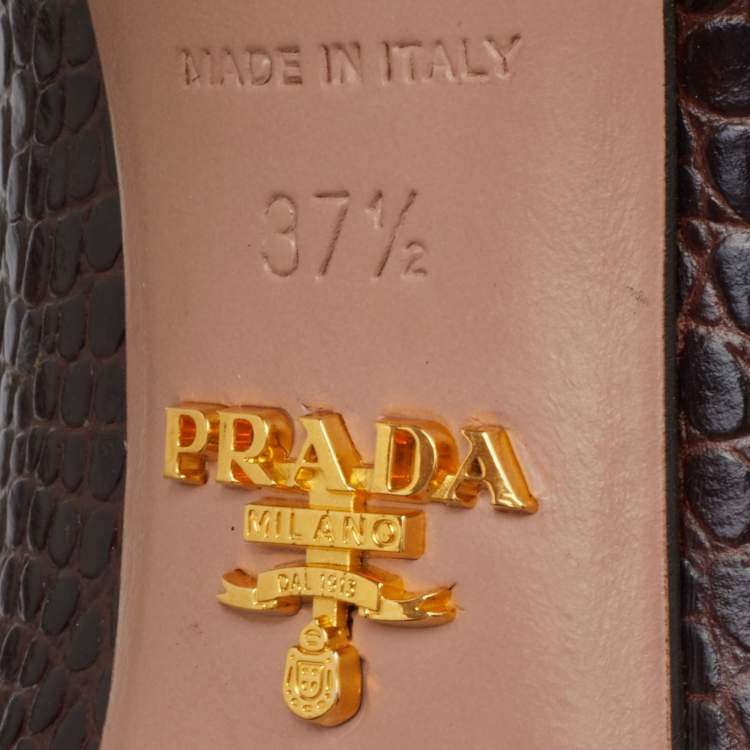 Pre Owned Prada Brown Croc Embossed Leather Platform Pumps Size 37.5