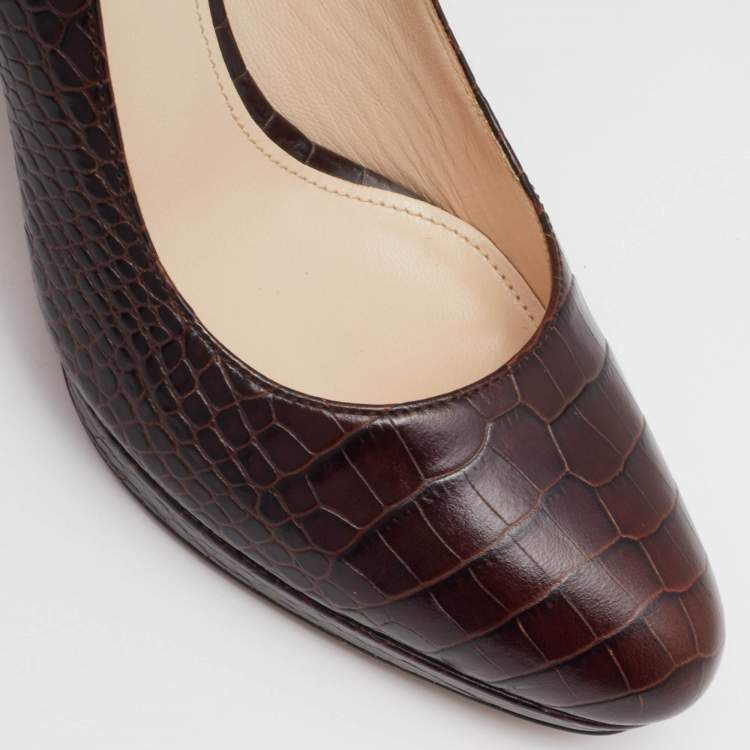 Pre Owned Prada Brown Croc Embossed Leather Platform Pumps Size 37.5