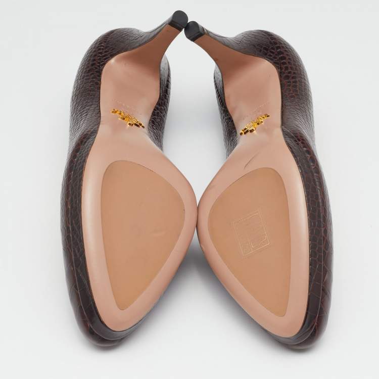 Pre Owned Prada Brown Croc Embossed Leather Platform Pumps Size 37.5