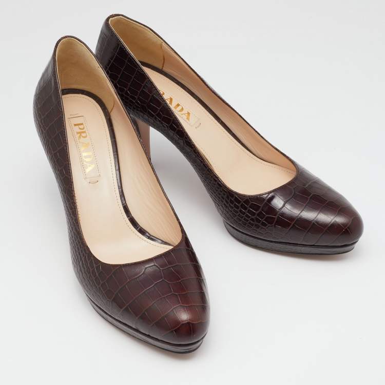 Pre Owned Prada Brown Croc Embossed Leather Platform Pumps Size 37.5