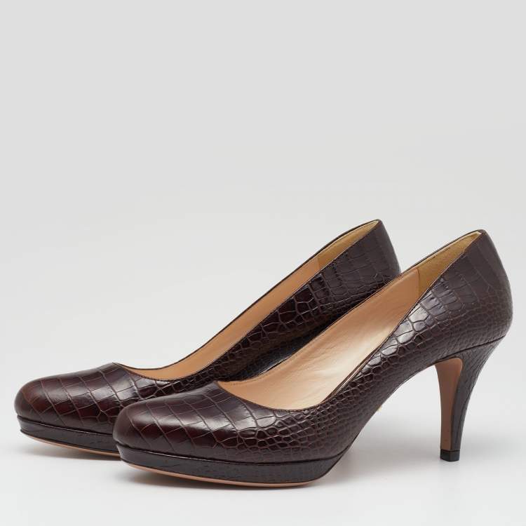 Pre Owned Prada Brown Croc Embossed Leather Platform Pumps Size 37.5