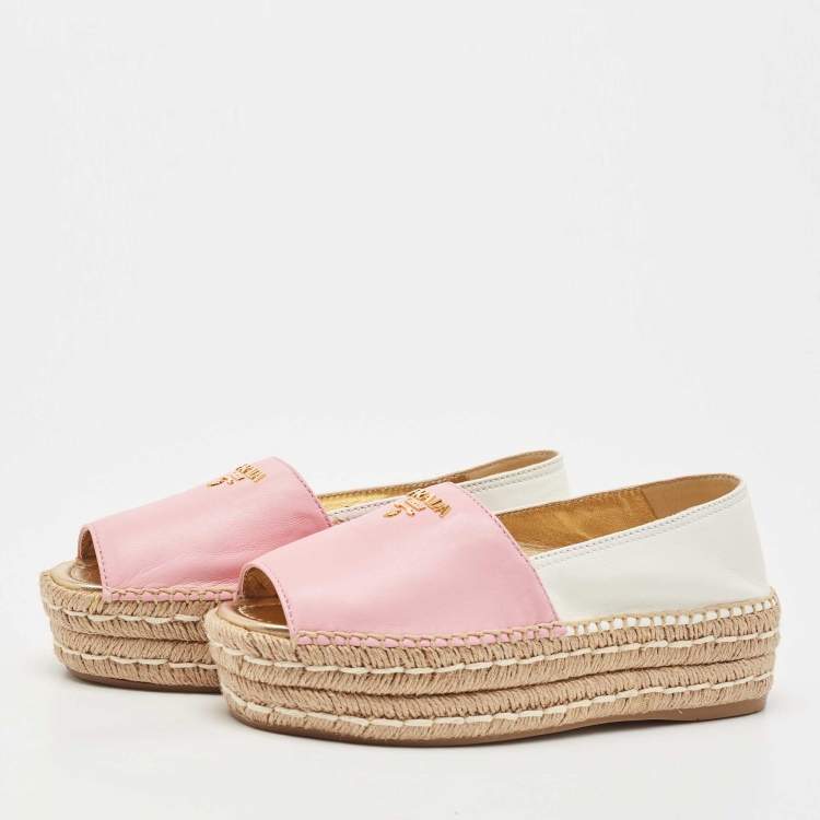 Pre Owned Prada Pink/White Leather Open Toe Platform Espadrilles Size 36