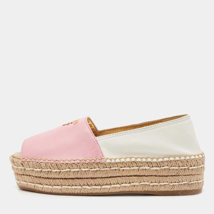 Pre Owned Prada Pink/White Leather Open Toe Platform Espadrilles Size 36