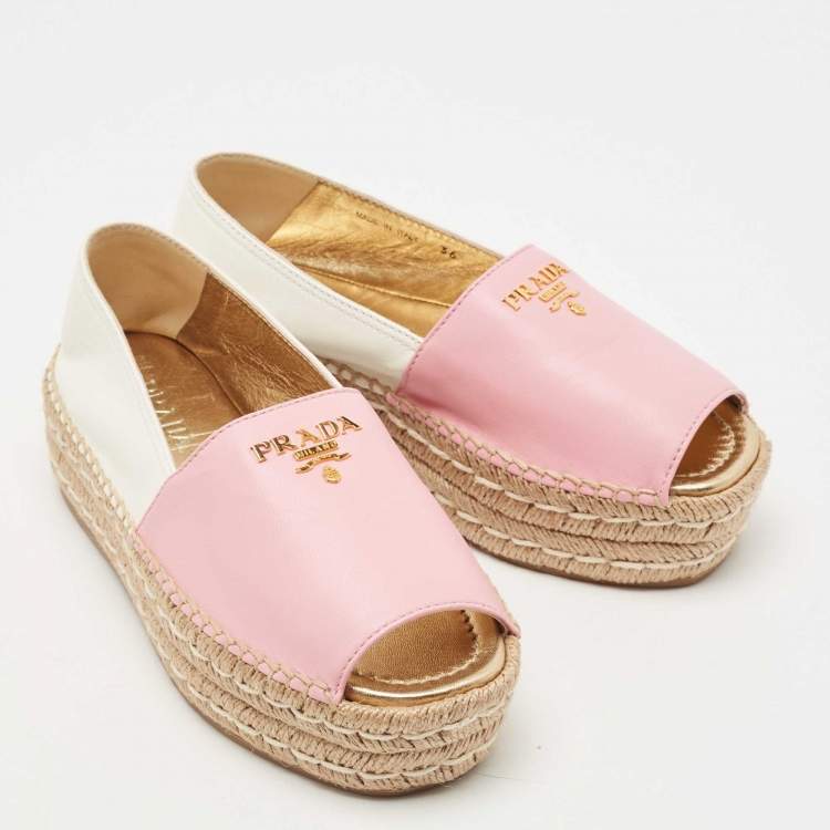 Pre Owned Prada Pink/White Leather Open Toe Platform Espadrilles Size 36