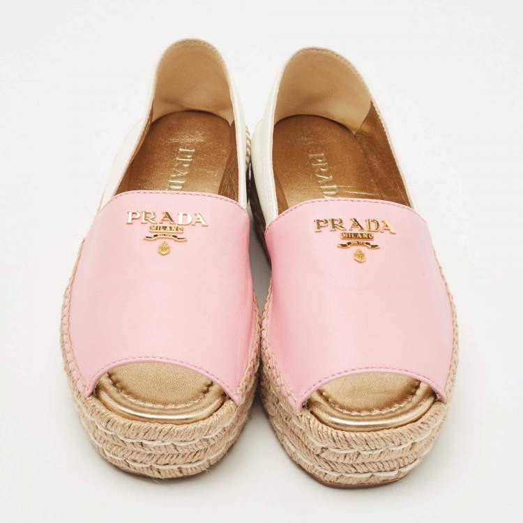 Pre Owned Prada Pink/White Leather Open Toe Platform Espadrilles Size 36