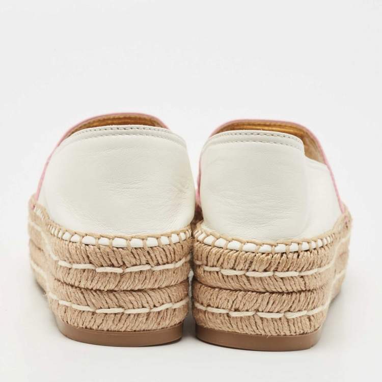 Pre Owned Prada Pink/White Leather Open Toe Platform Espadrilles Size 36