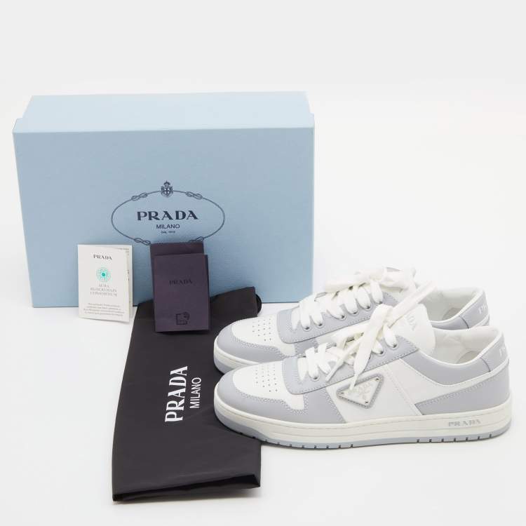Pre Owned Prada White/Grey Leather Downtown Low-Top Sneakers Size 39