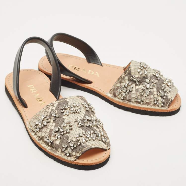 Pre Owned Prada Black/Grey Snakeskin Leather Crystal Embellished Slingback Flats Size 38.5