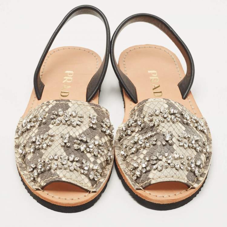 Pre Owned Prada Black/Grey Snakeskin Leather Crystal Embellished Slingback Flats Size 38.5