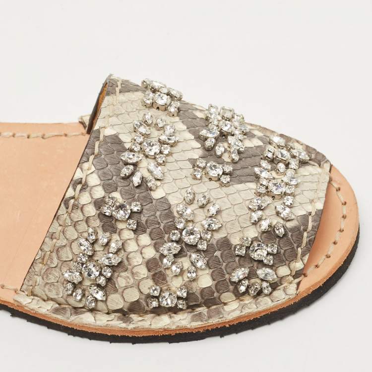 Pre Owned Prada Black/Grey Snakeskin Leather Crystal Embellished Slingback Flats Size 38.5