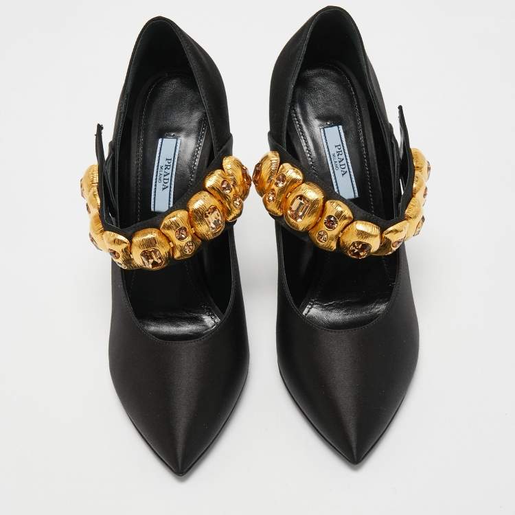 Pre Owned Prada Black Satin Crystal Embellished Pointed Toe Pumps Size 39