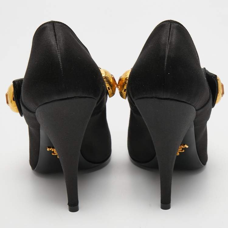 Pre Owned Prada Black Satin Crystal Embellished Pointed Toe Pumps Size 39
