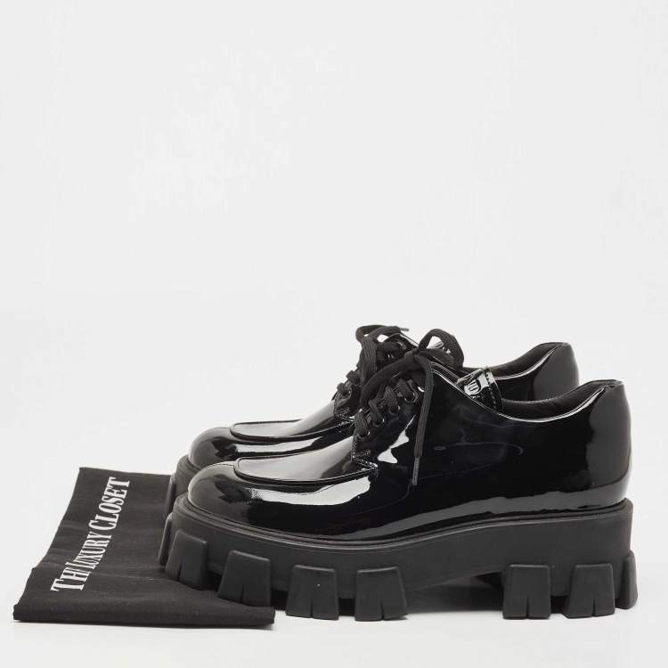 Pre Owned Prada Black Patent Leather Monolith Platform Derby Size 39.5