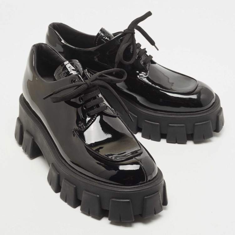Pre Owned Prada Black Patent Leather Monolith Platform Derby Size 39.5
