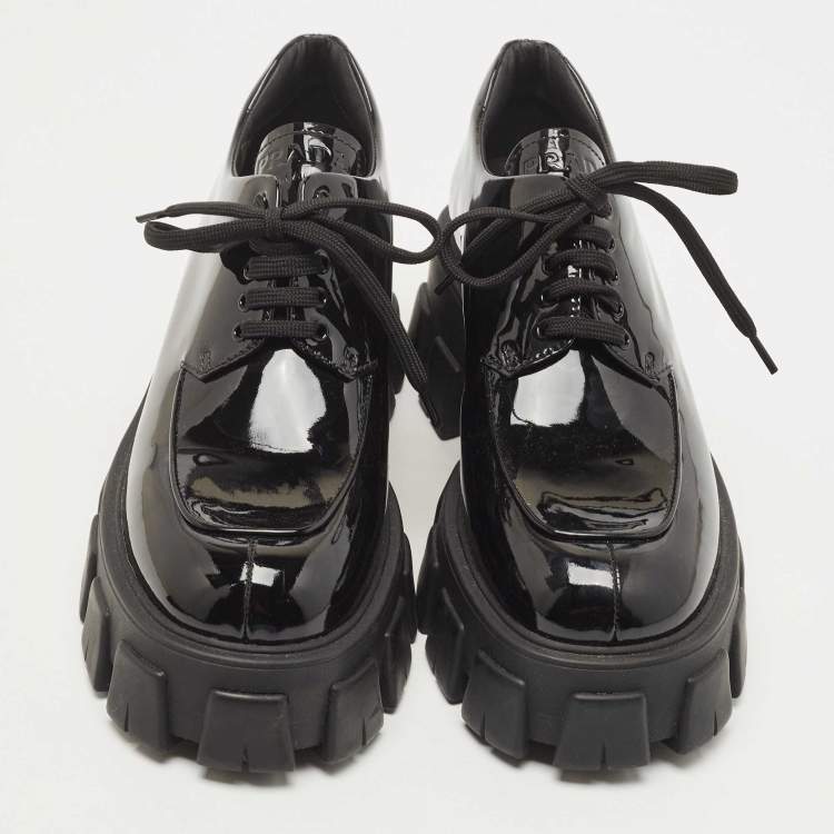 Pre Owned Prada Black Patent Leather Monolith Platform Derby Size 39.5