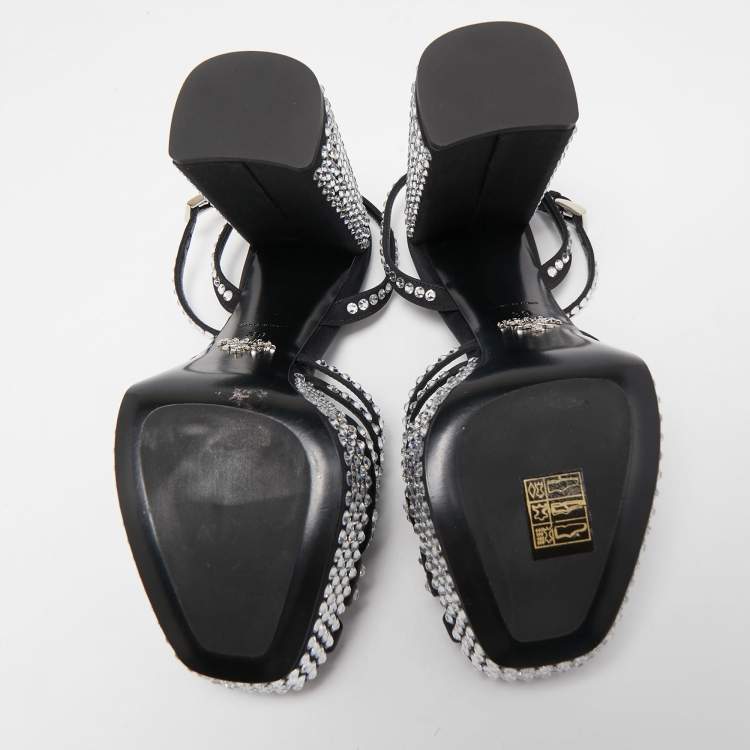 Pre Owned Prada Black Suede Crystal Embellished Ankle Strap Sandals Size 39