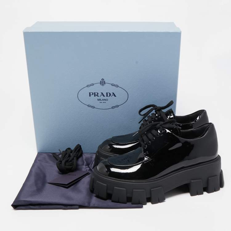 Pre Owned Prada Black Patent Leather Monolith Platform Derby Sneakers Size 36.5