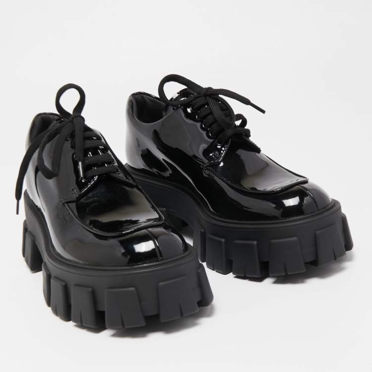 Pre Owned Prada Black Patent Leather Monolith Platform Derby Sneakers Size 36.5