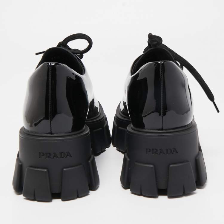 Pre Owned Prada Black Patent Leather Monolith Platform Derby Sneakers Size 36.5