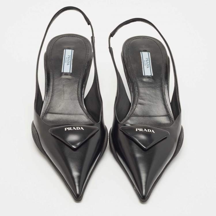 Pre Owned Prada Black Leather Logo Slingback Pumps Size 40