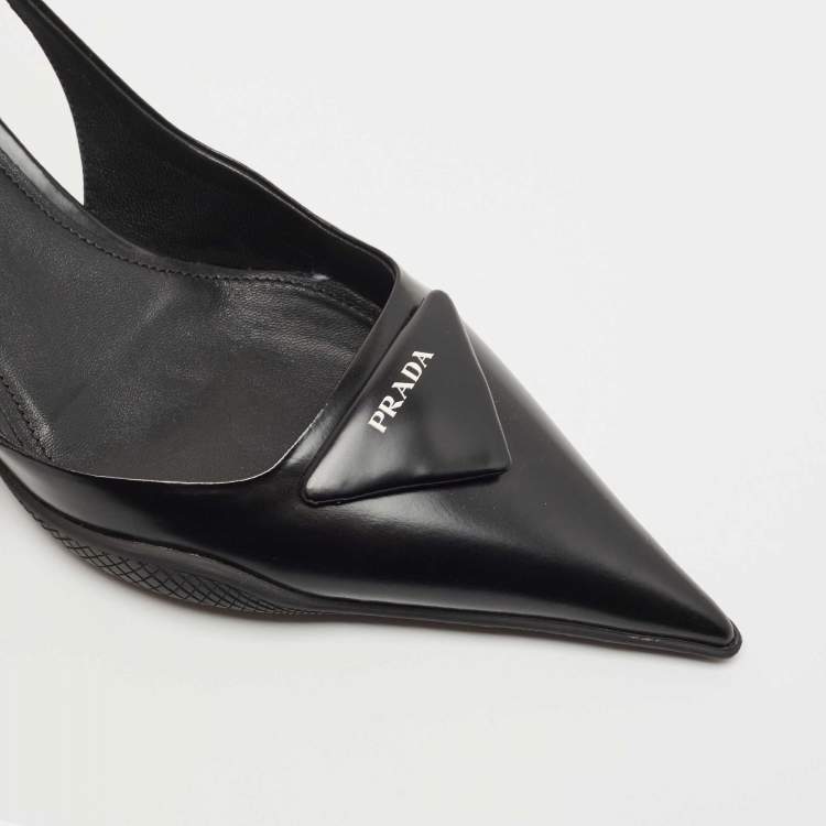 Pre Owned Prada Black Leather Logo Slingback Pumps Size 40