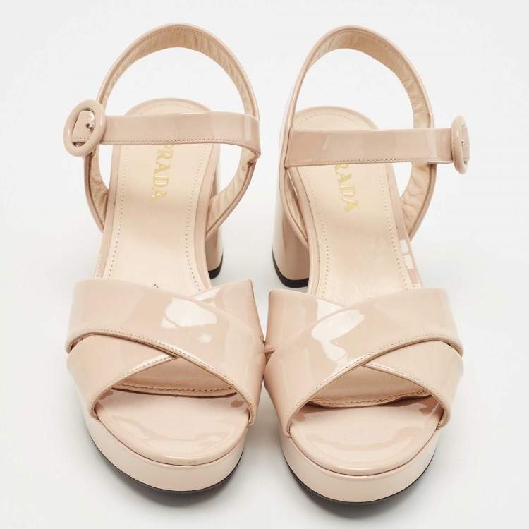 Pre Owned Prada Beige Patent Leather Platform Ankle Strap Sandals Size 38