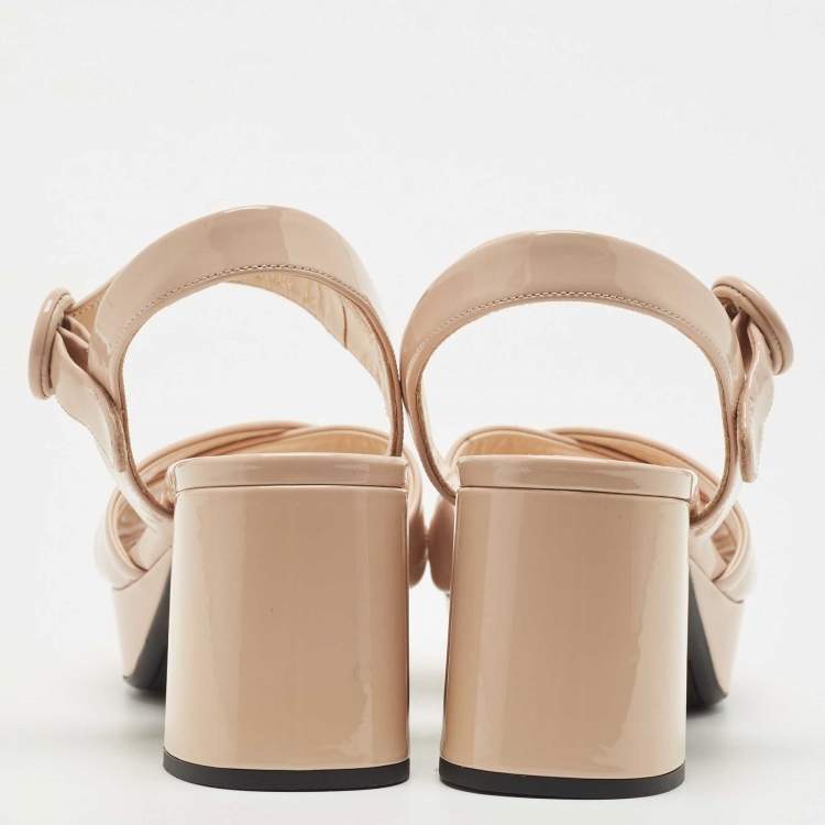 Pre Owned Prada Beige Patent Leather Platform Ankle Strap Sandals Size 38