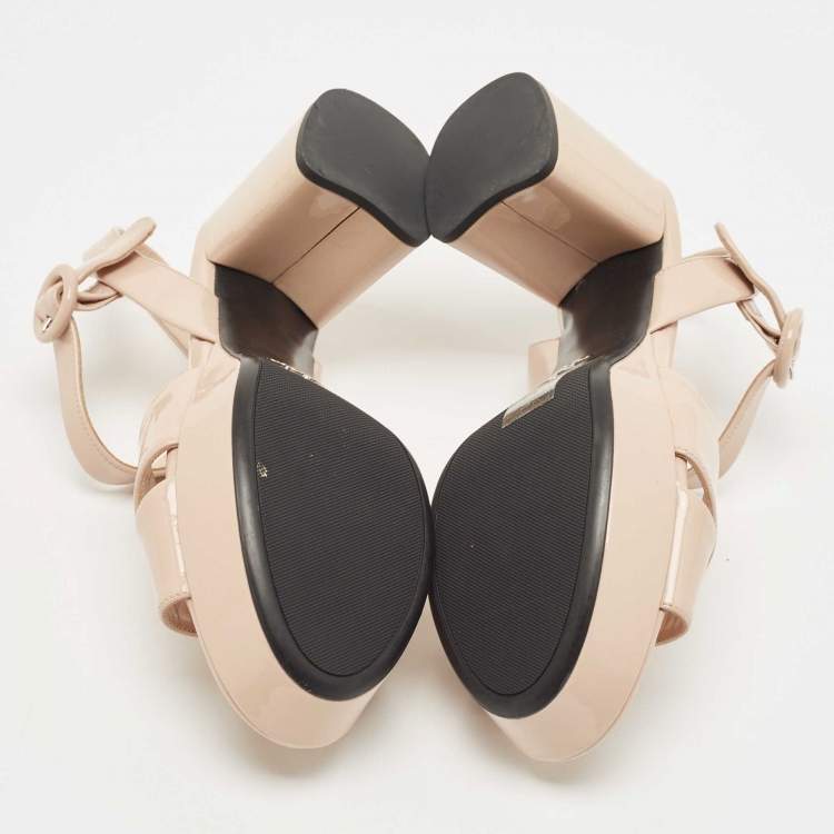 Pre Owned Prada Beige Patent Leather Platform Ankle Strap Sandals Size 38