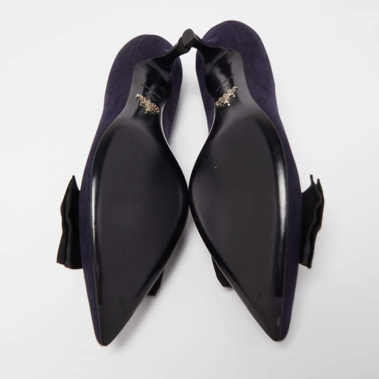 Pre Owned Prada Navy Blue Suede Pointed Toe Bow Pumps Size 37.5