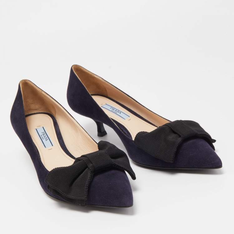 Pre Owned Prada Navy Blue Suede Pointed Toe Bow Pumps Size 37.5