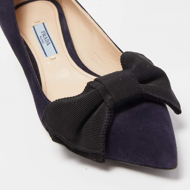 Pre Owned Prada Navy Blue Suede Pointed Toe Bow Pumps Size 37.5