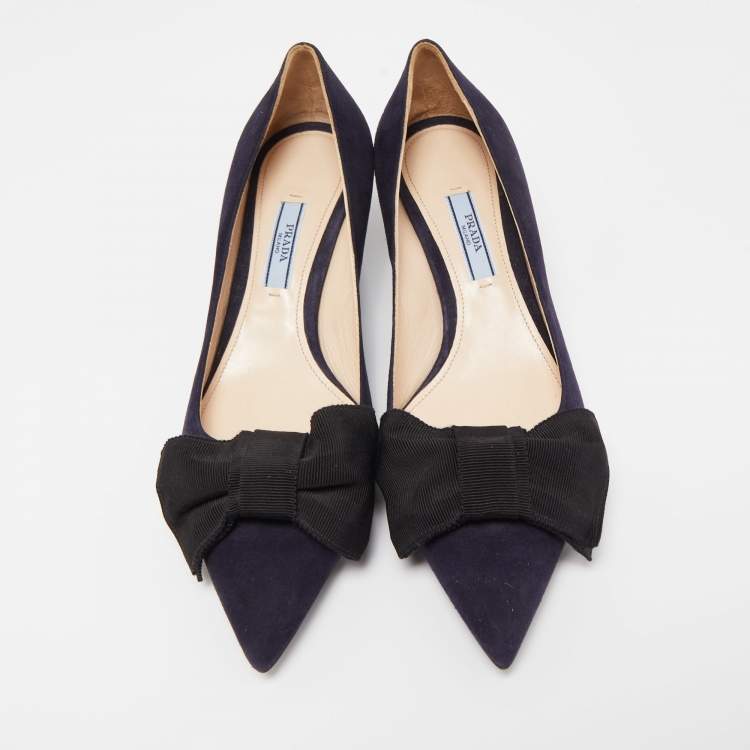 Pre Owned Prada Navy Blue Suede Pointed Toe Bow Pumps Size 37.5