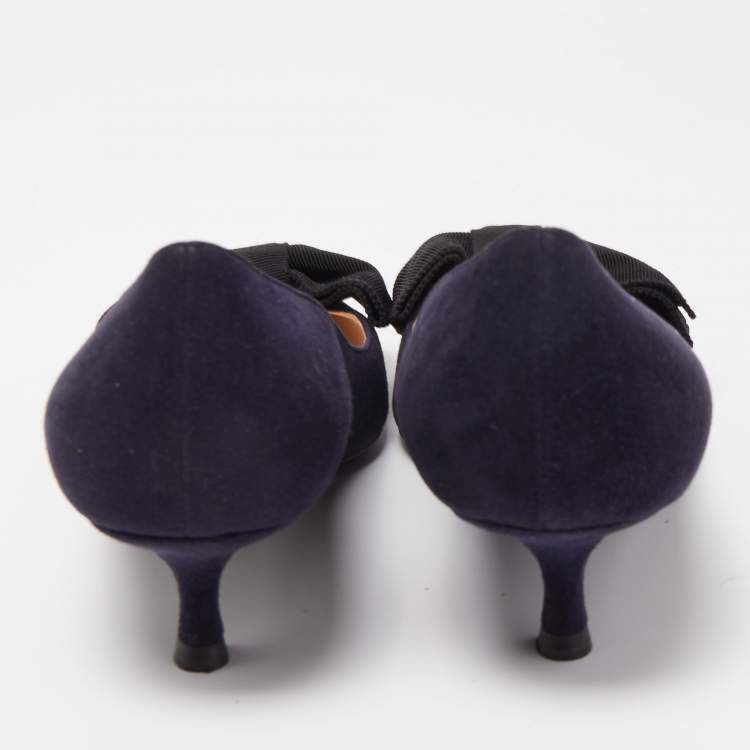 Pre Owned Prada Navy Blue Suede Pointed Toe Bow Pumps Size 37.5