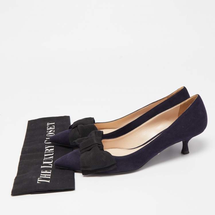 Pre Owned Prada Navy Blue Suede Pointed Toe Bow Pumps Size 37.5