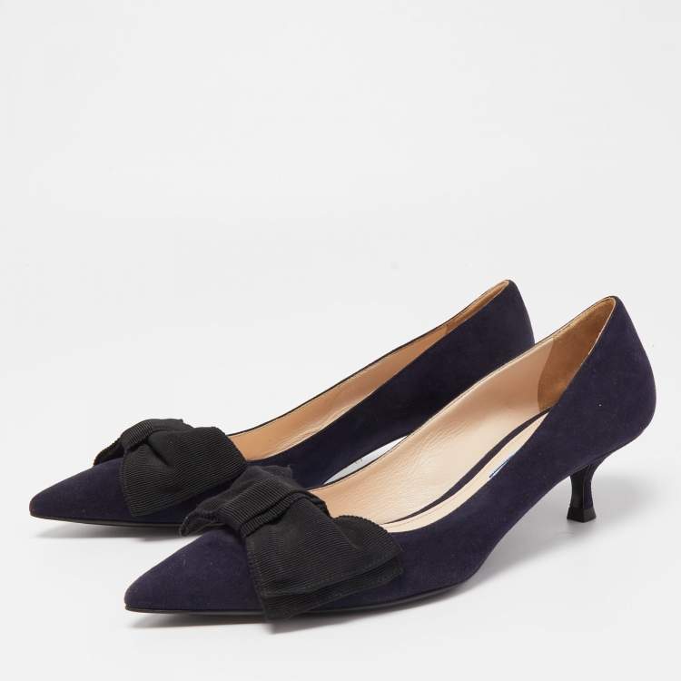 Pre Owned Prada Navy Blue Suede Pointed Toe Bow Pumps Size 37.5