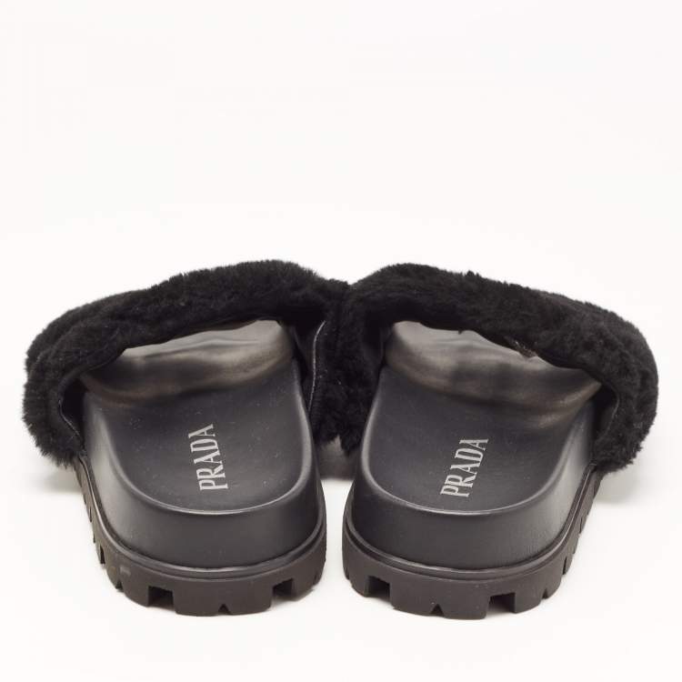 Pre Owned Prada Black Fur Open Toe Flat Slides  Size 36