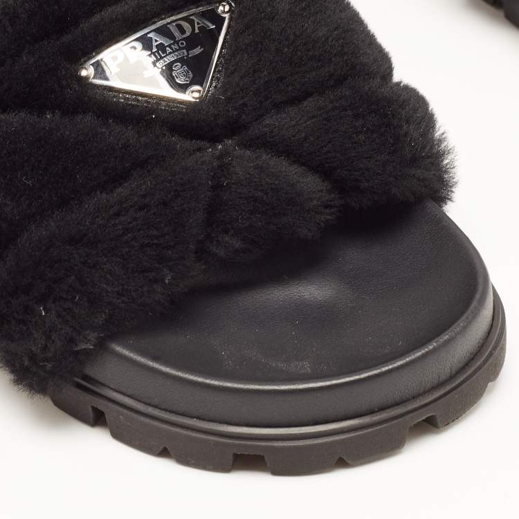 Pre Owned Prada Black Fur Open Toe Flat Slides  Size 36