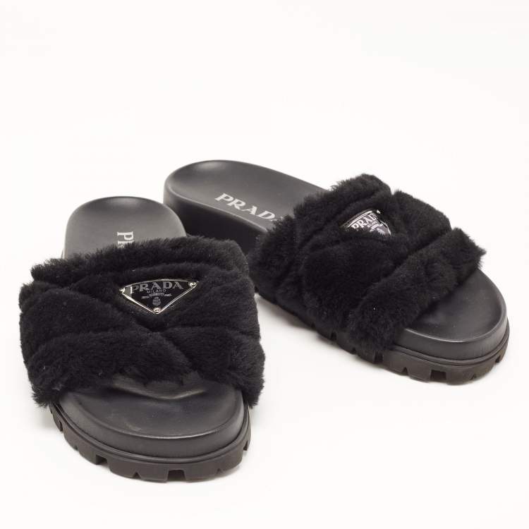 Pre Owned Prada Black Fur Open Toe Flat Slides  Size 36