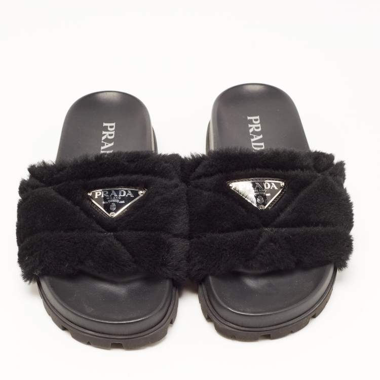 Pre Owned Prada Black Fur Open Toe Flat Slides  Size 36