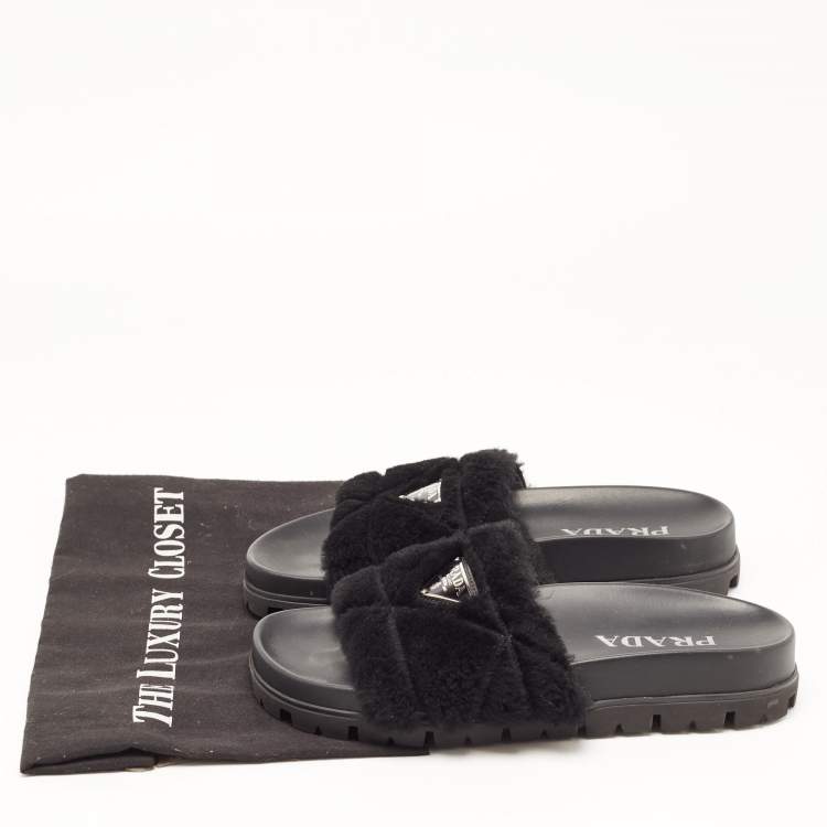 Pre Owned Prada Black Fur Open Toe Flat Slides  Size 36