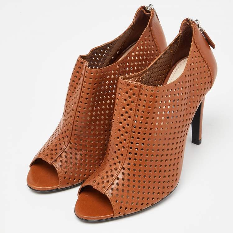 Pre Owned Prada Brown Perforated Leather Peep Toe Ankle Booties Size 39
