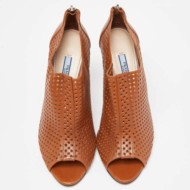 Pre Owned Prada Brown Perforated Leather Peep Toe Ankle Booties Size 39