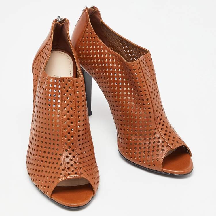 Pre Owned Prada Brown Perforated Leather Peep Toe Ankle Booties Size 39