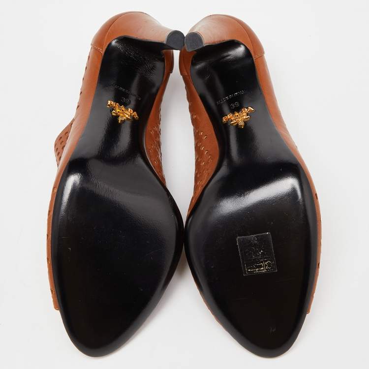 Pre Owned Prada Brown Perforated Leather Peep Toe Ankle Booties Size 39