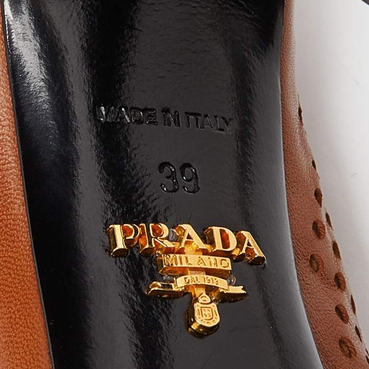 Pre Owned Prada Brown Perforated Leather Peep Toe Ankle Booties Size 39