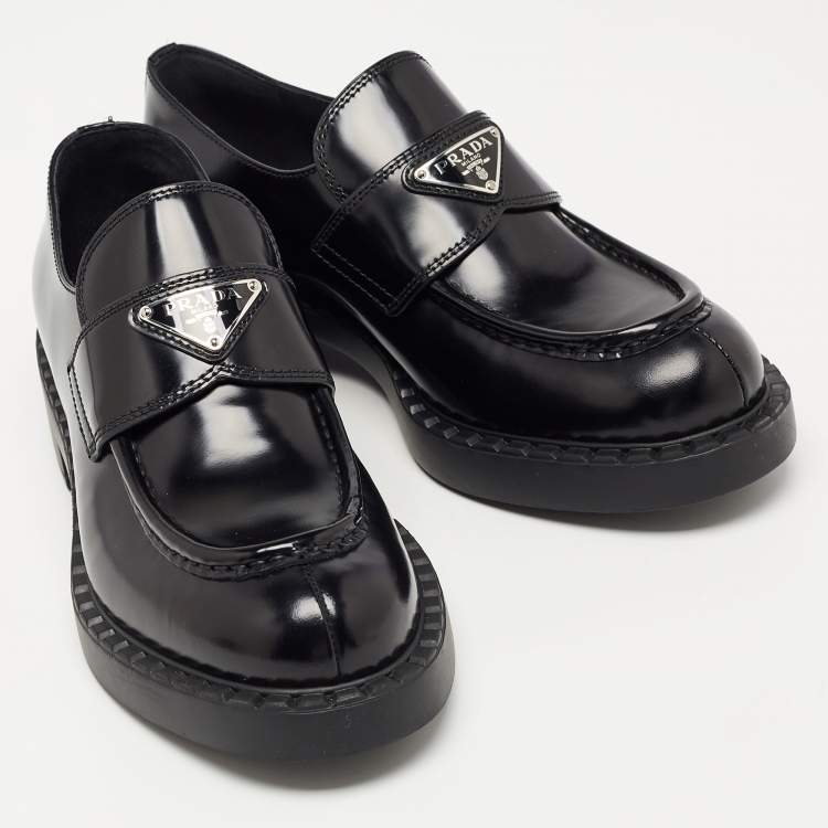 Pre Owned Prada Black Glossy Leather Platform Loafers Size 39