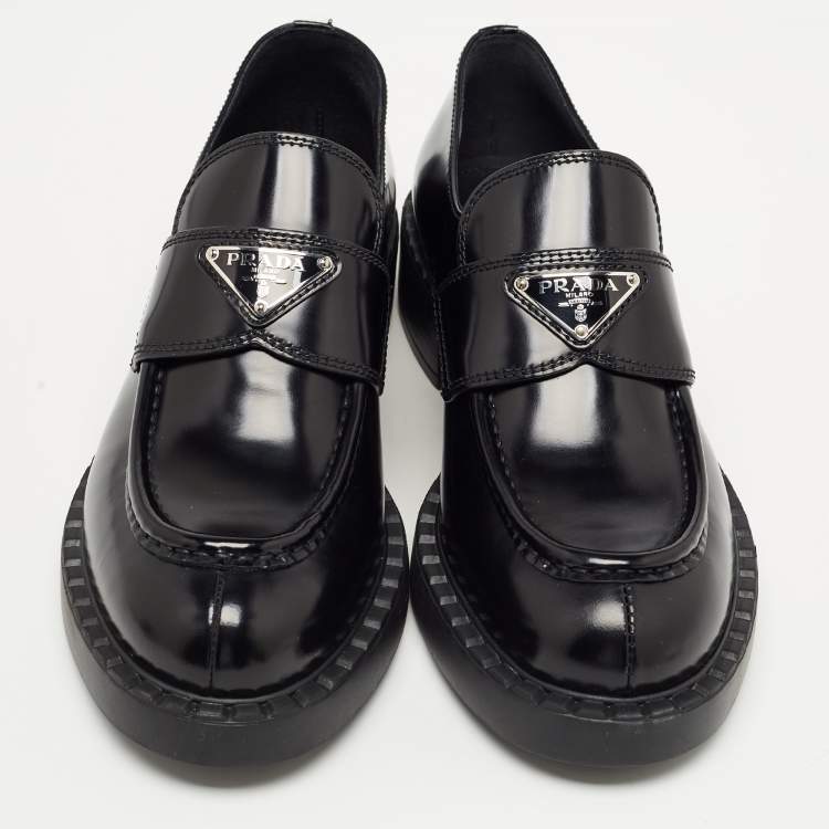 Pre Owned Prada Black Glossy Leather Platform Loafers Size 39