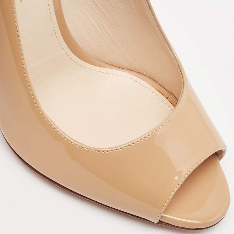 Pre Owned Prada Beige Patent Leather Peep Toe Pumps Size 36.5